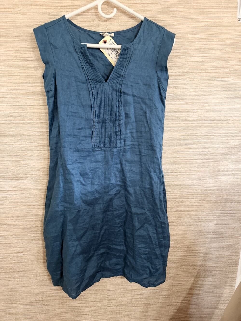 Garnet Hill Teal Cap Sleeve V Neck Knee length 100% Linen Dress NWT women's 00